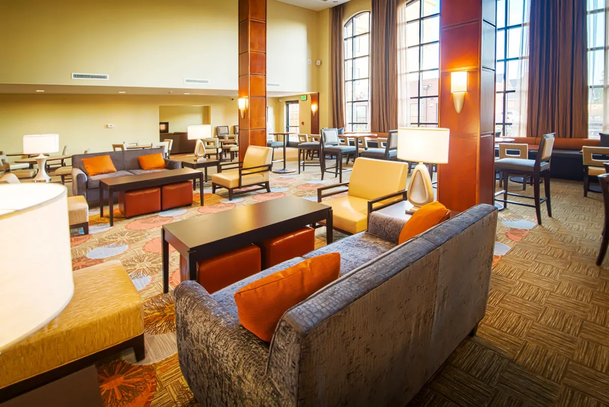 This image features a bright, airy interior with large windows allowing natural light to flood in. Comfortable seating areas, including a plush sofa and decorative rugs, create a welcoming and versatile living space ideal for both relaxation and productivity. The arrangement suggests a multi-use environment suitable for socializing, reading, or working on a laptop.