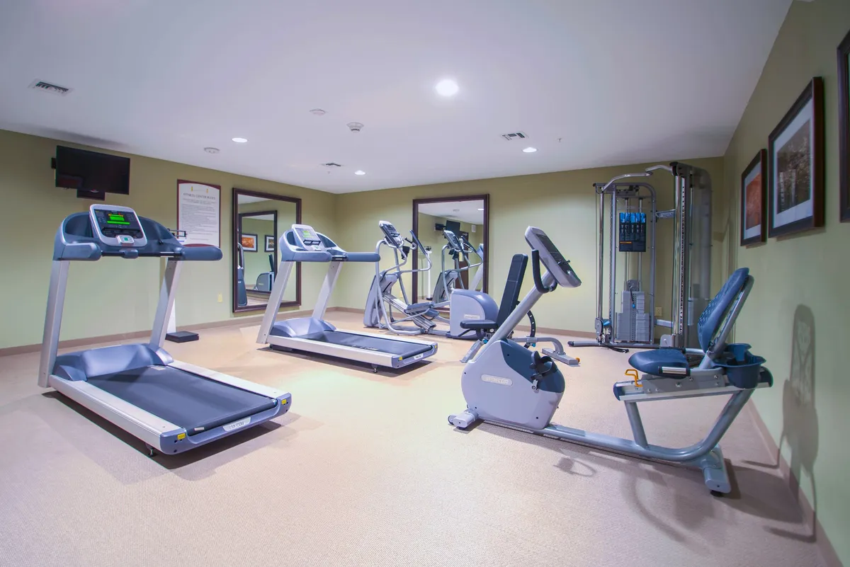 A well-equipped fitness center featuring multiple treadmills, an elliptical machine, a stationary bike, and a weight machine. The space is bright and motivating, ideal for individual workouts, group fitness classes, or personal training sessions.